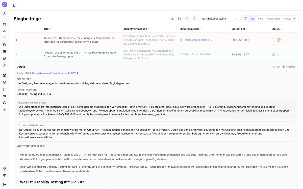 Noutdated Blog-Beitrag Generator — KI-generierte Blog-Beiträge mit Keyword-Fokus